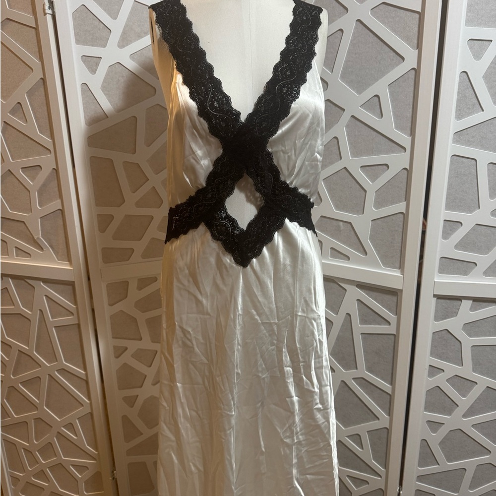 Elegant White Nightgown with Black Lace Accents